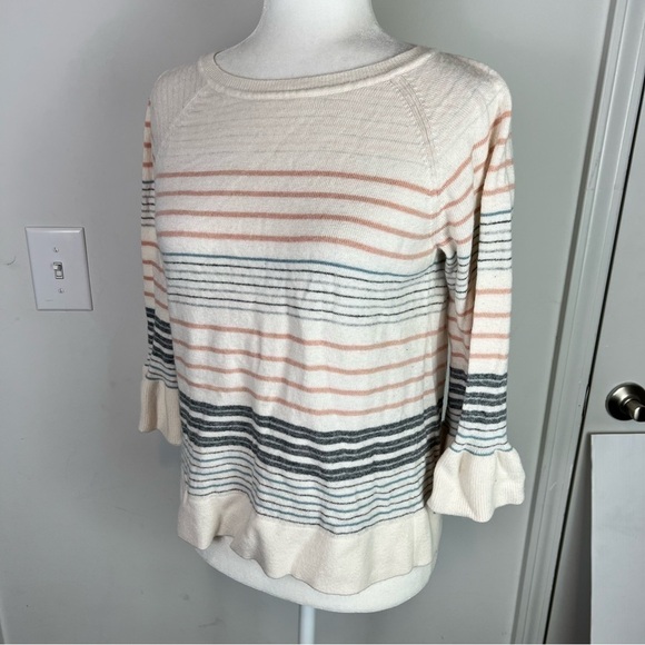 Loft sweater womens SP cream pink stripe bell sleeve stripe wool blend sweater - Picture 2 of 7